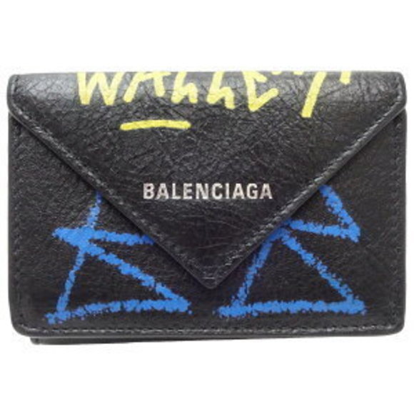 BALENCIAGA Paper Mini Wallet Trifold Leather Black Greffiti - Picture 8 of 8